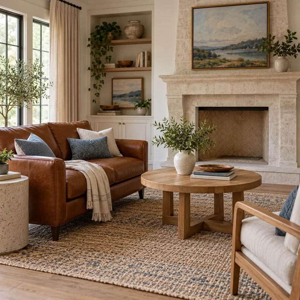 Two-seat cognac leather settee in a small sitting zone.