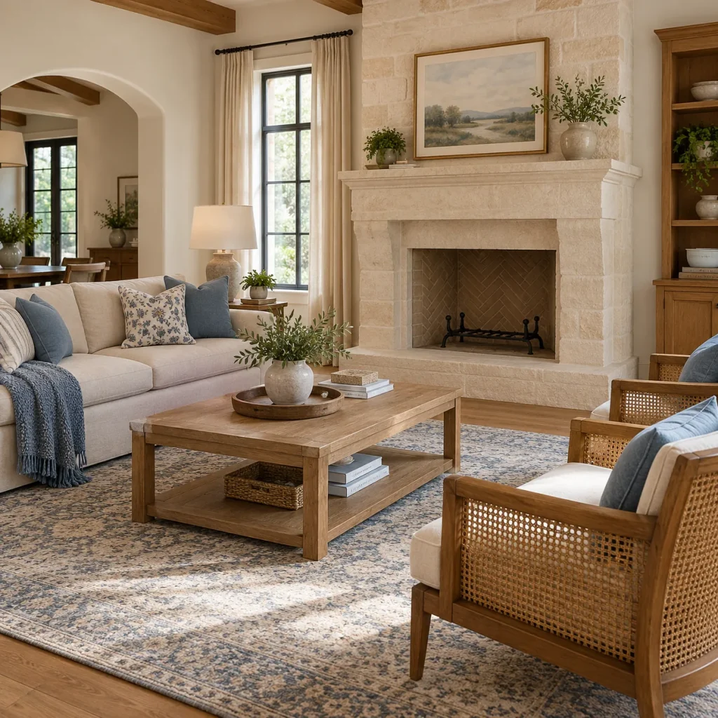 One neutral sofa and two cane-backed wood chairs with cream cushions on opposite side.