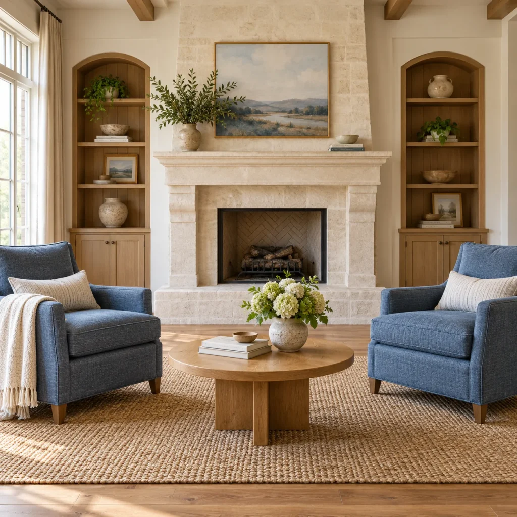 Two blue linen armchairs angled gently inward across a small round table.