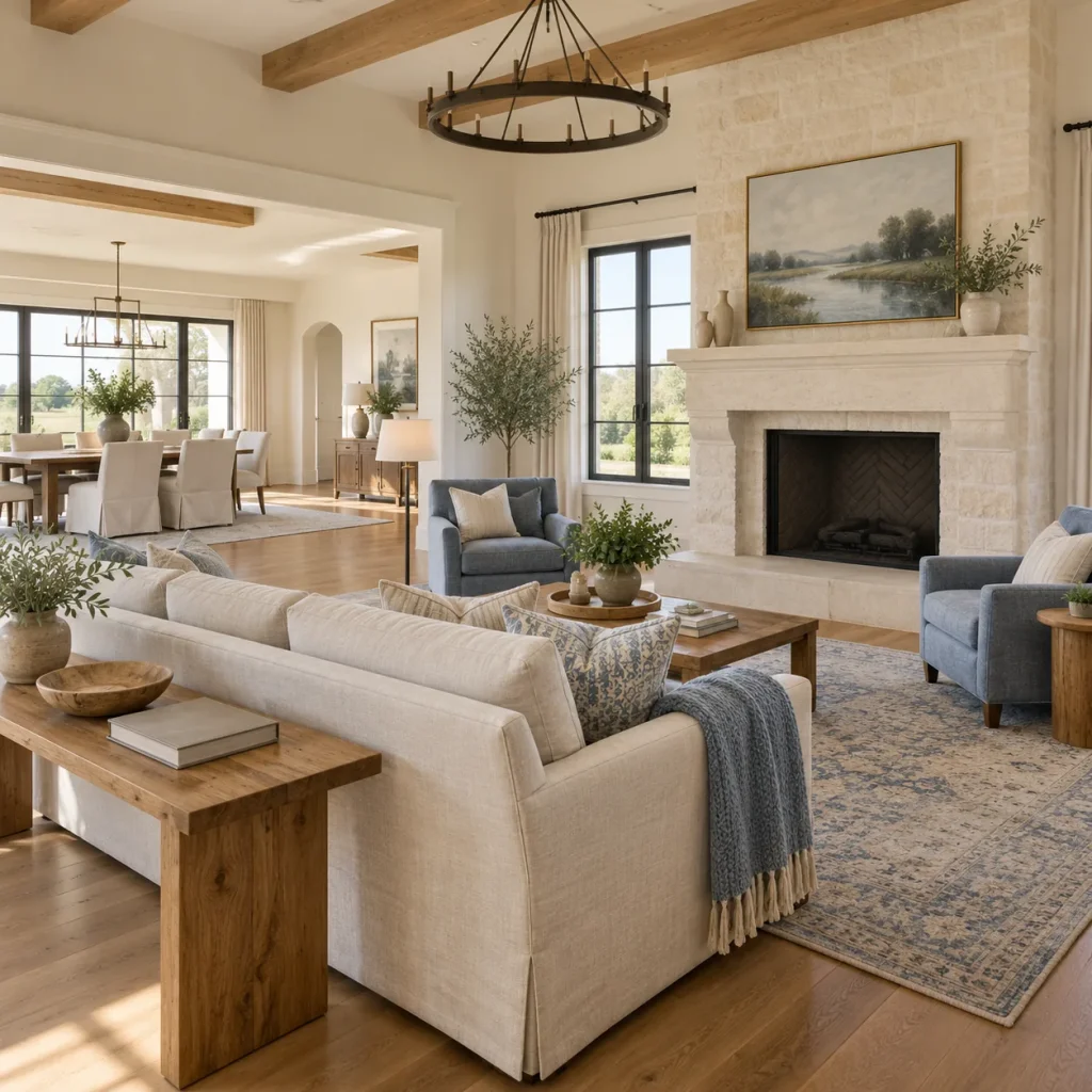 Open-plan room with sofa and two chairs grouped on rug near distant fireplace.