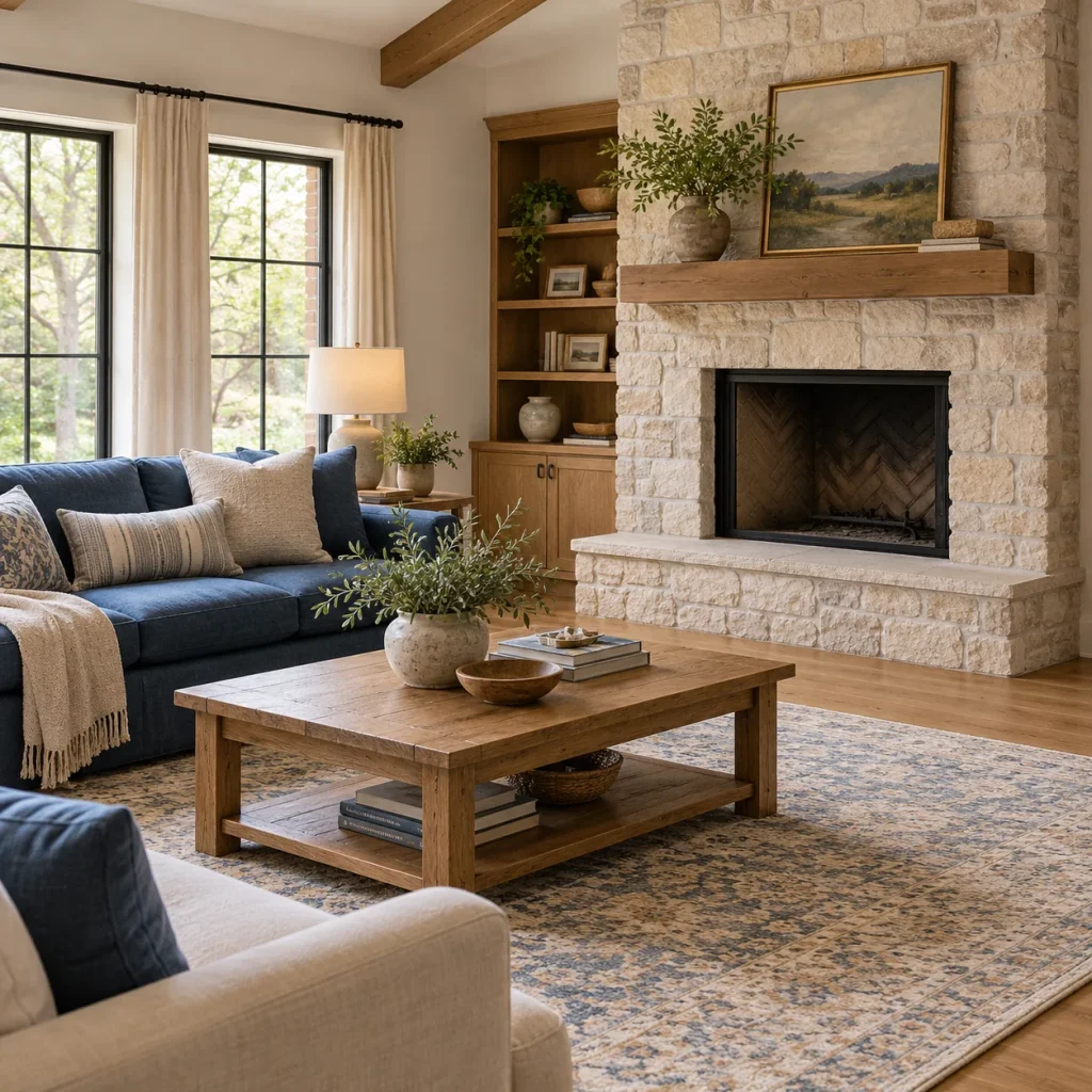 Corner stone fireplace unlit.
