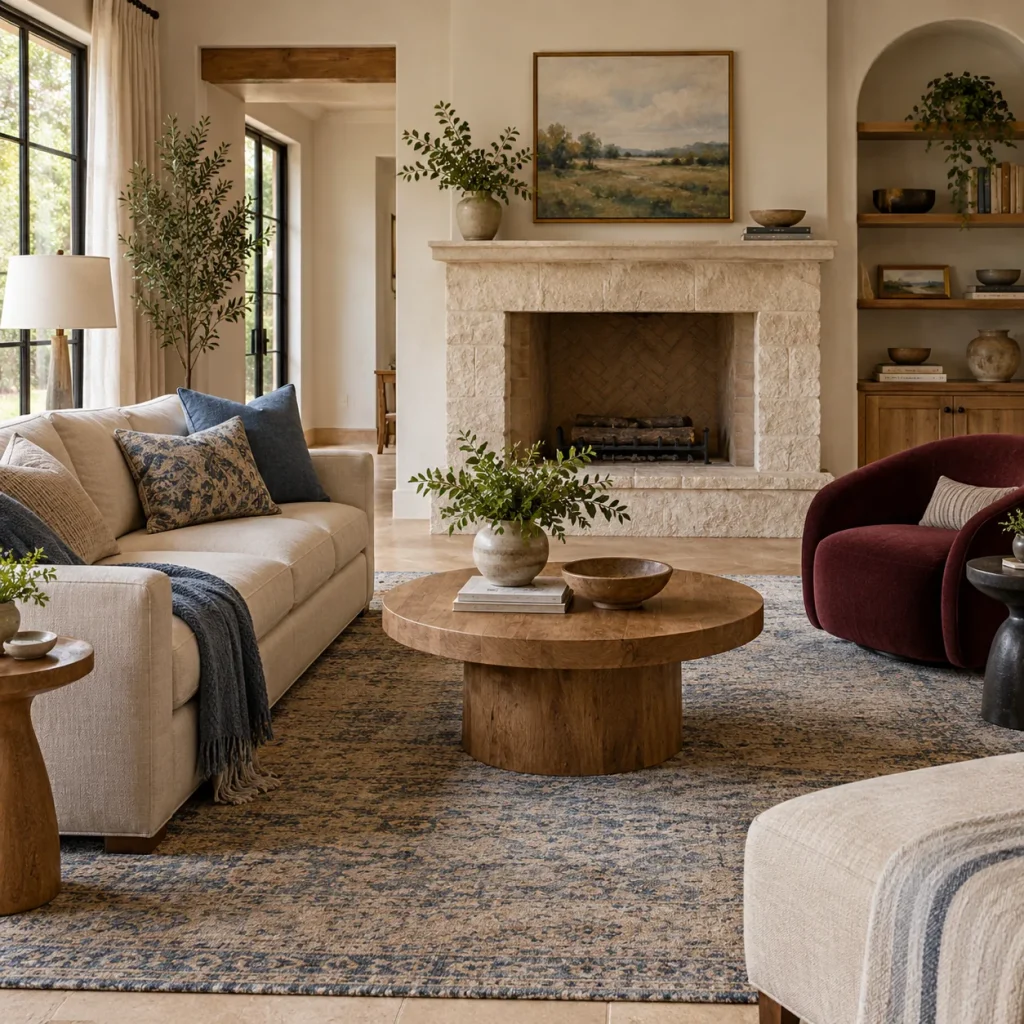 One sculptural burgundy chair opposite neutral sofa.