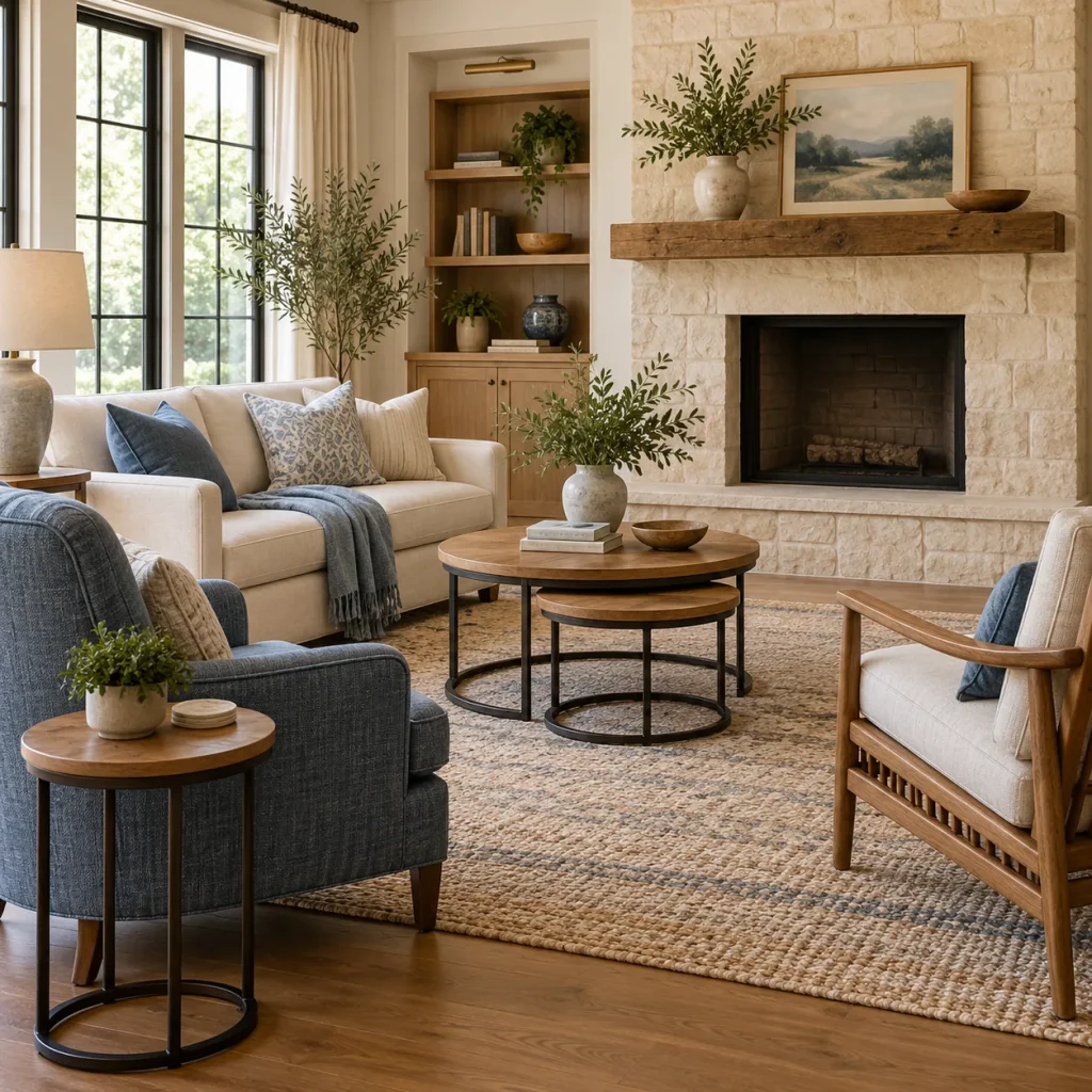 Small sofa and two different chairs grouped around two nesting round tables.