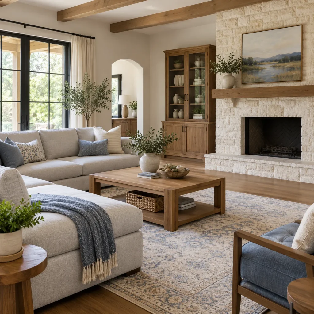 Light gray L-shaped sectional with its short return perpendicular to the distant fireplace.