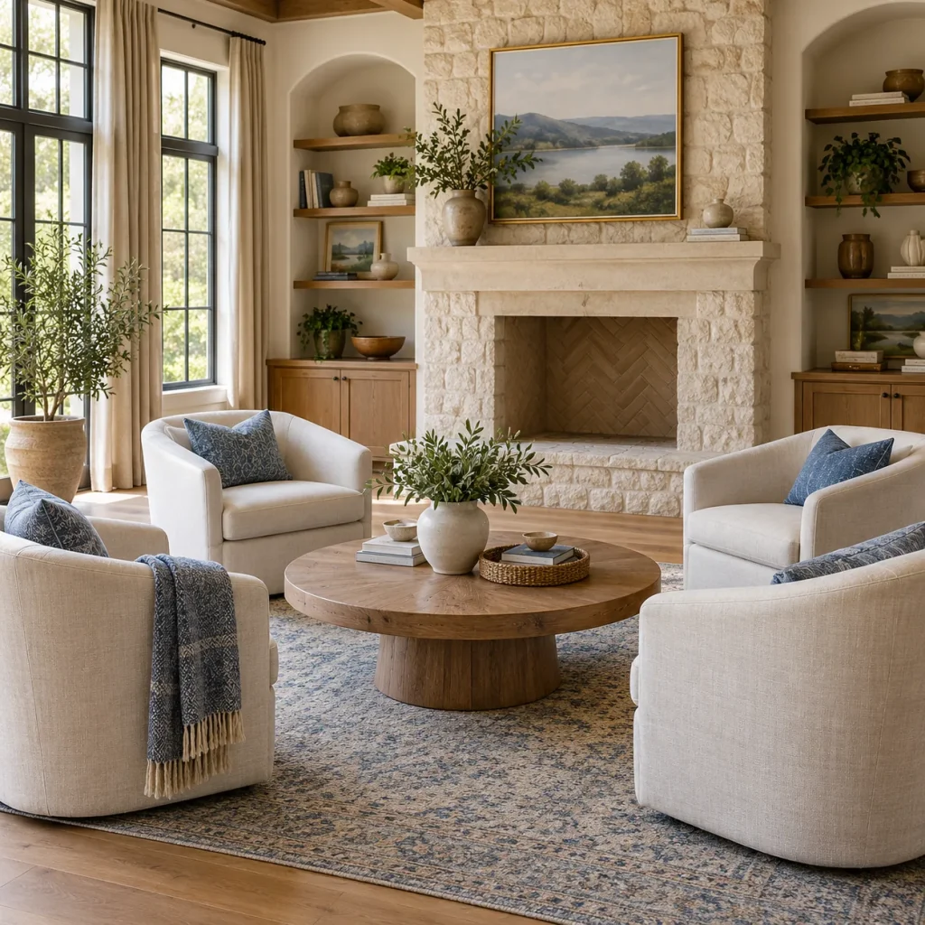 Four compact upholstered chairs arranged around a large circular table.