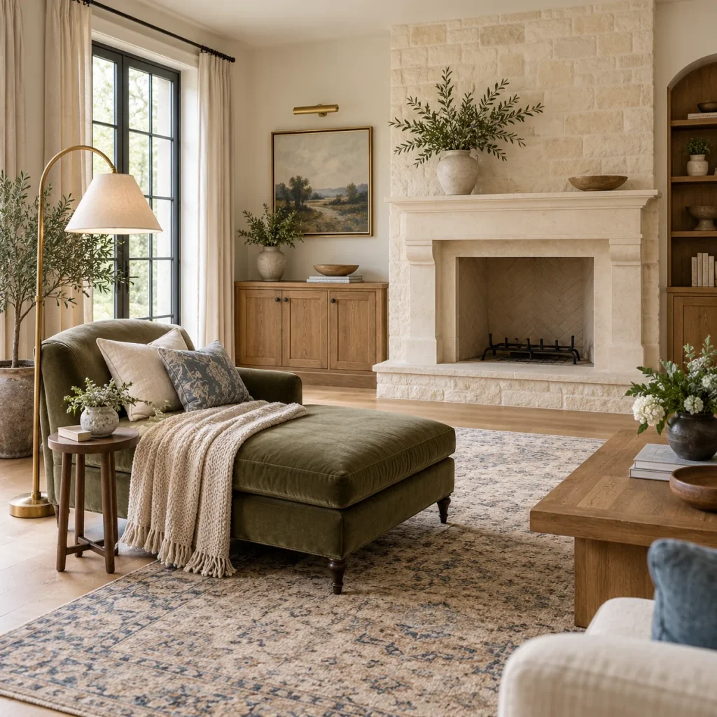 Single long olive upholstered chaise perpendicular to a distant stone fireplace.