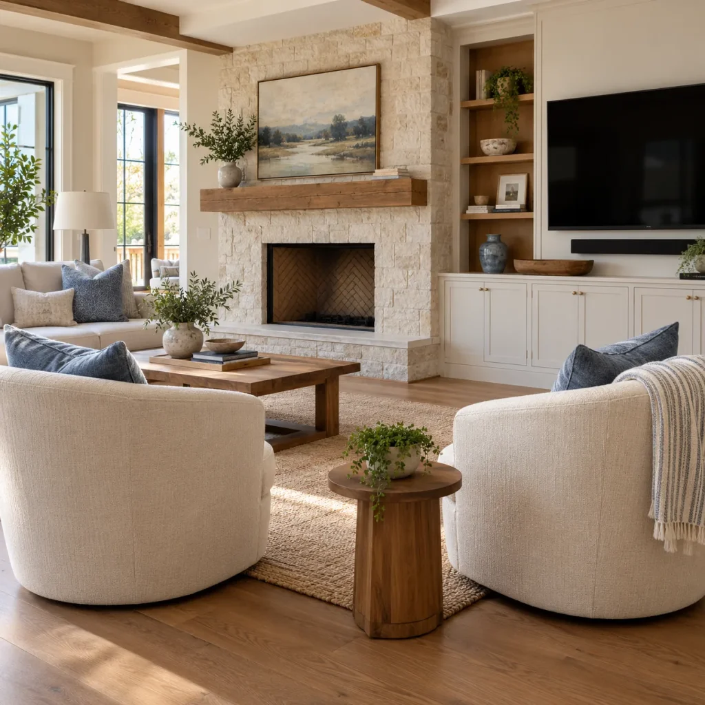 Two cream swivel chairs in the middle of a room with fireplace on one wall and blank television on adjacent wall.