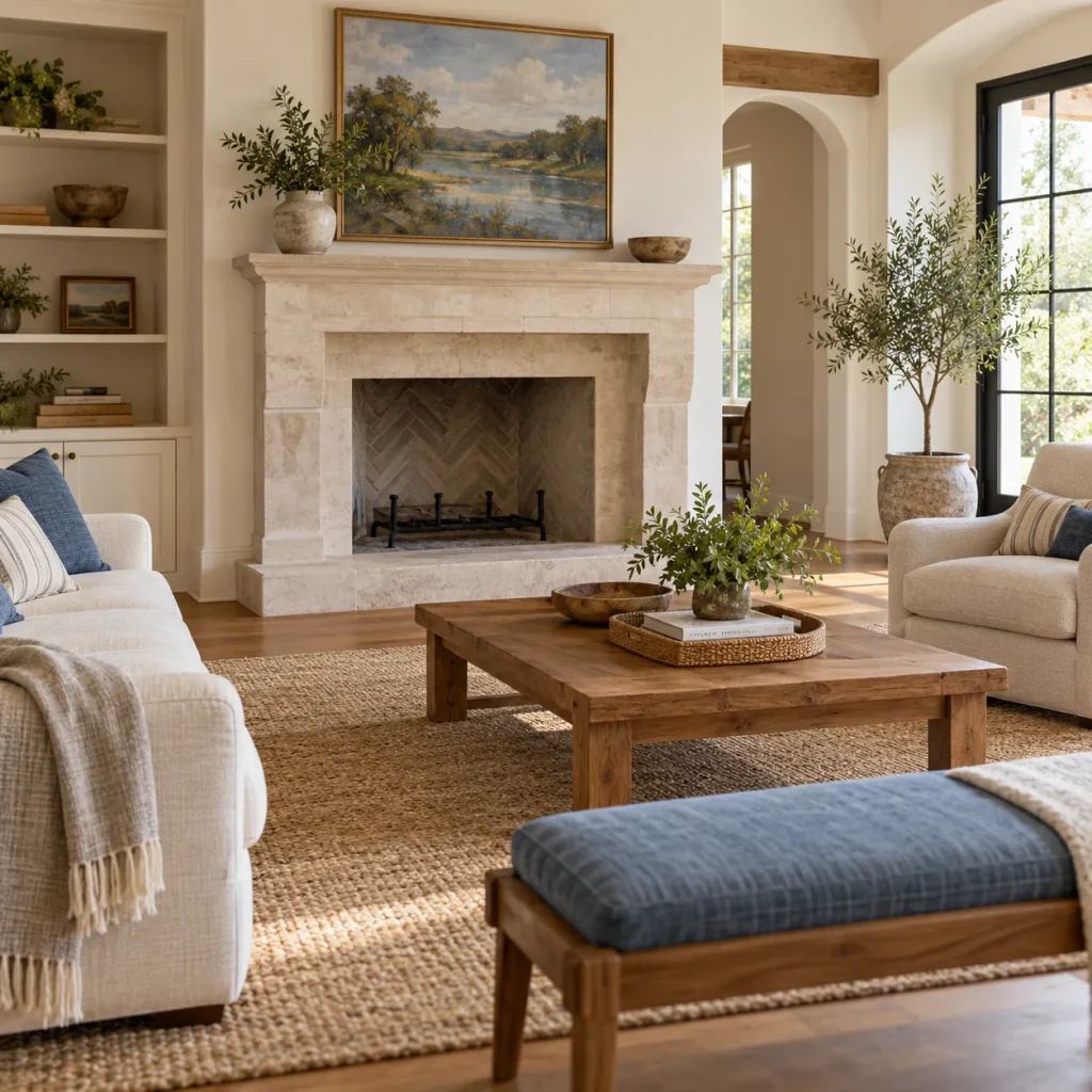 A low wooden bench with a thin blue cushion at far edge of conversation area.