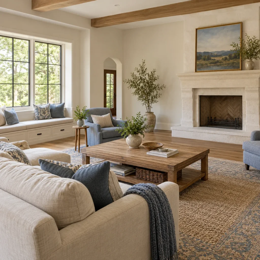 Built-in cushioned window seat along side wall.