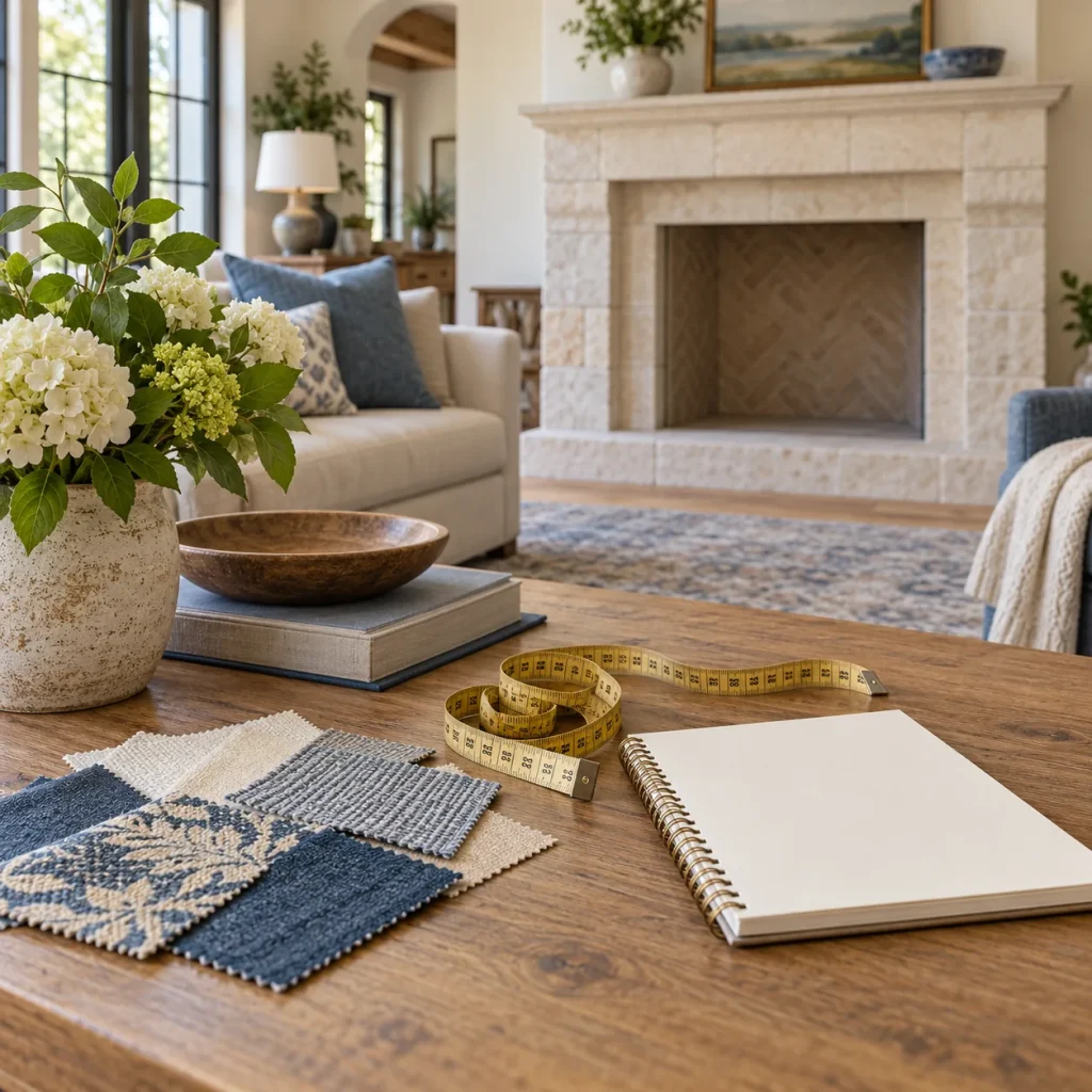 Measuring tape, fabric swatches, and a blank notebook on a coffee table.