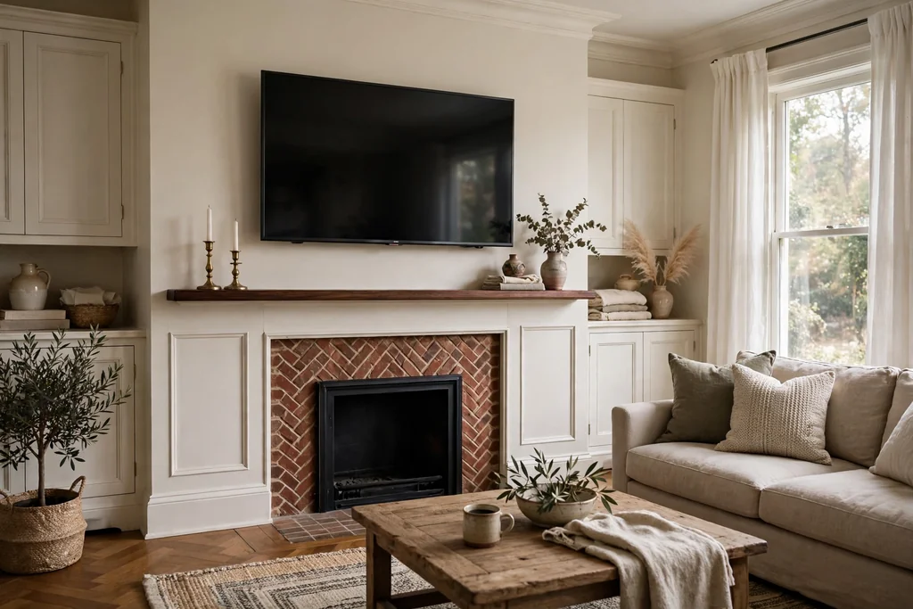TV mounted above a traditional living room mantel with a slim frame and low mantel styling.