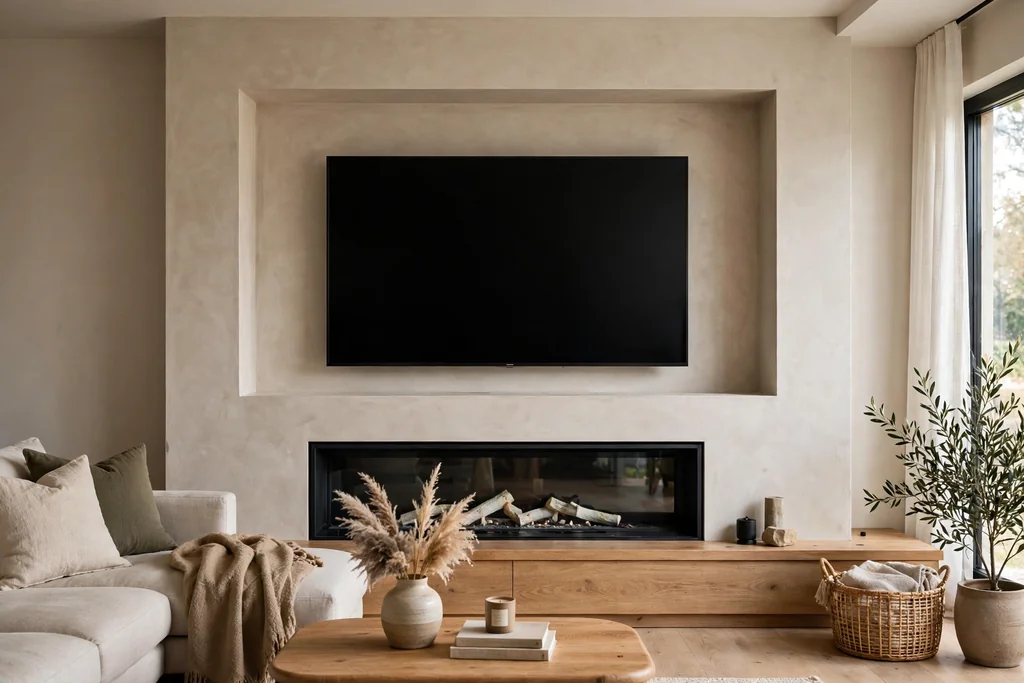 TV set flush into a recessed wall niche above a modern fireplace.