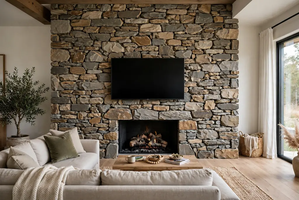 Full height stone fireplace wall with a TV mounted above the fire opening.