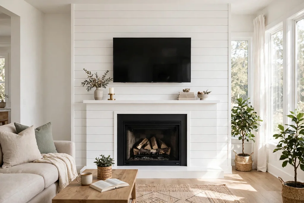 White shiplap fireplace wall with a TV mounted above the fireplace.