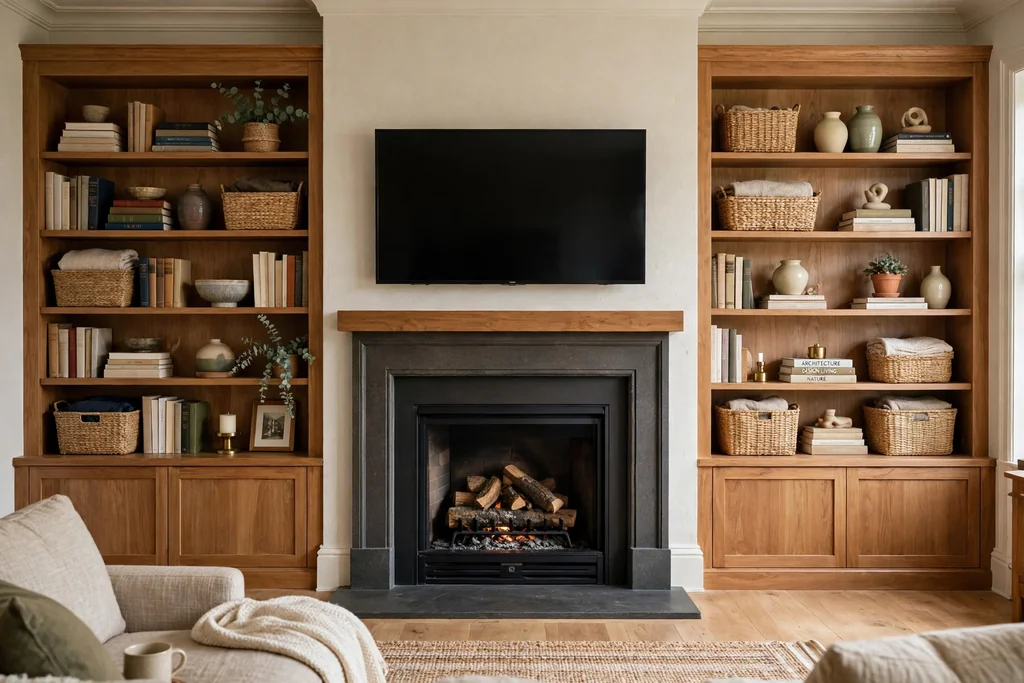 Built-in shelves flanking a central fireplace and TV wall in a living room.