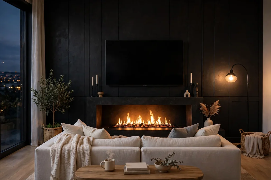 Black accent wall with a TV mounted above a glowing fireplace in the evening.