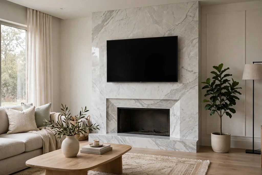 Marble slab fireplace surround with a TV mounted above it.