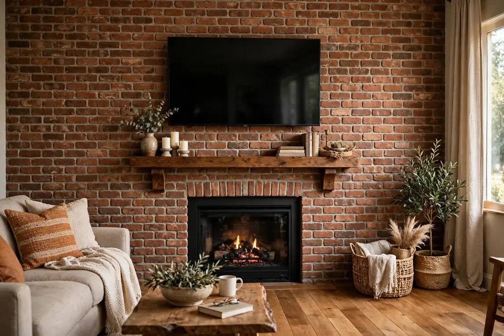 Brick fireplace wall with a TV mounted above the mantel.