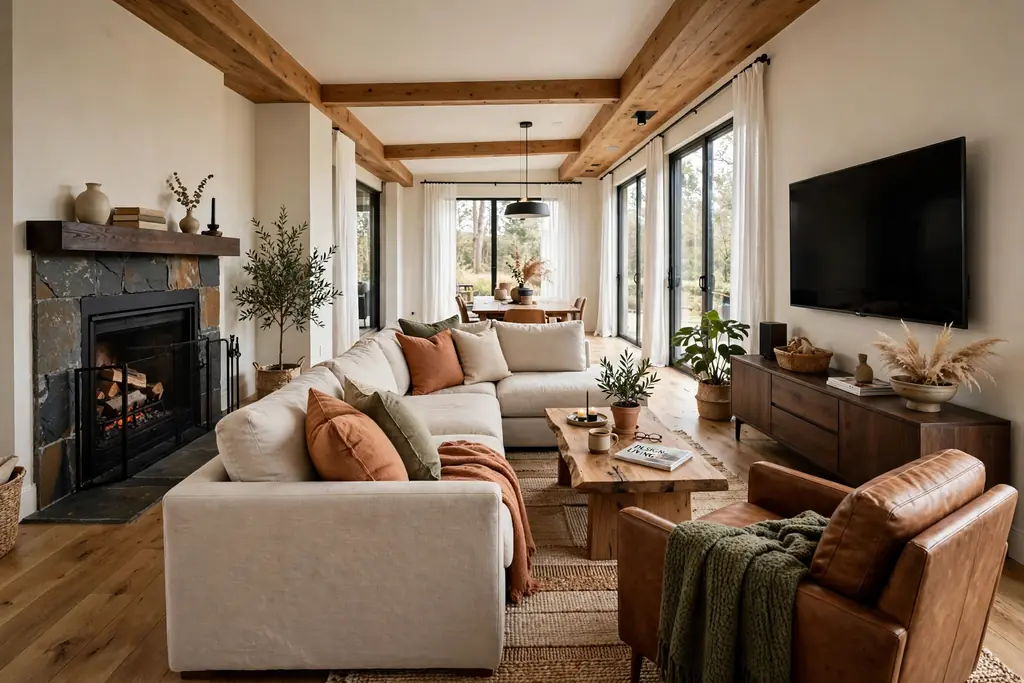 Asymmetric living room wall with a fireplace at one end and a TV at the other.