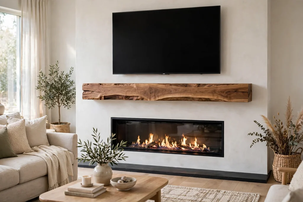 Floating wood mantel shelf below a wall mounted TV above a fireplace.