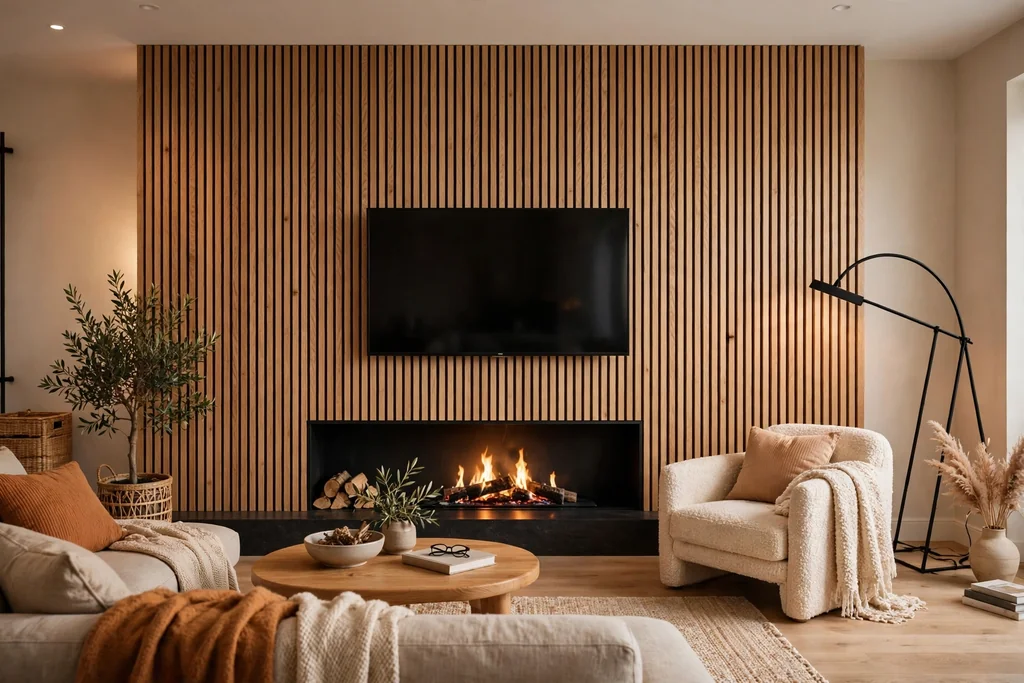 Vertical wood slat panel wall behind a fireplace and a mounted TV.
