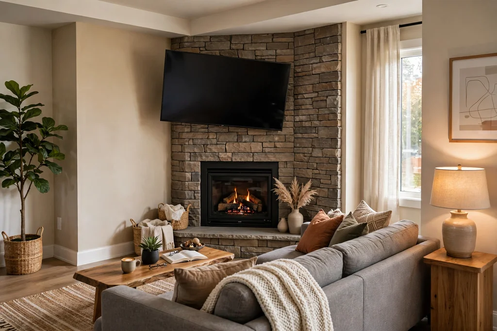 Corner fireplace wall with a TV mounted at an angle above it.