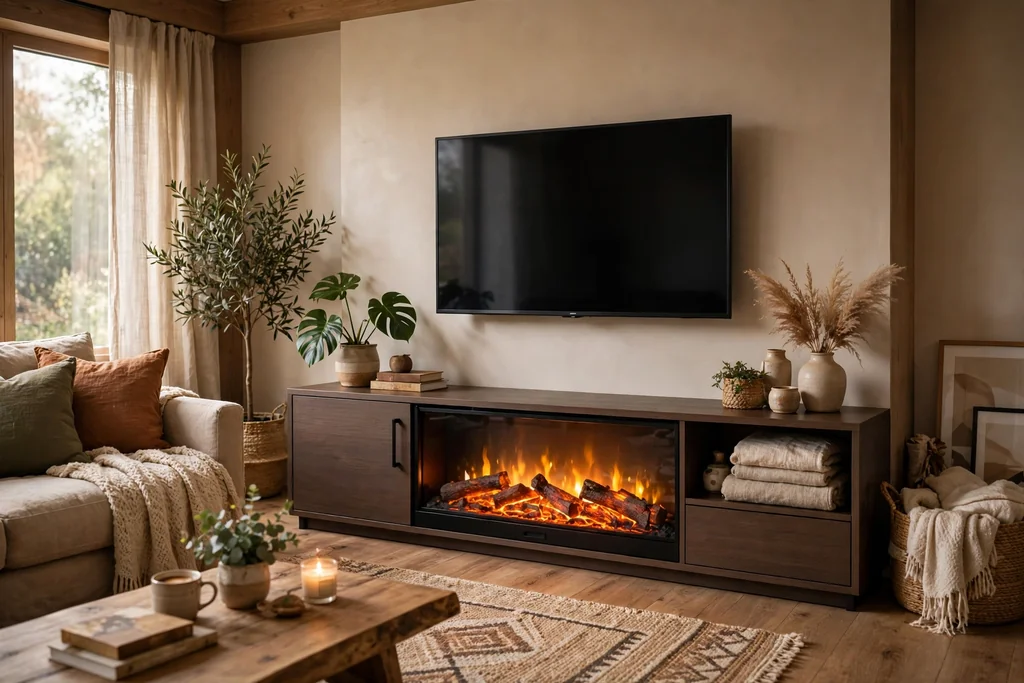 Electric fireplace set into a low media console with a TV mounted above.