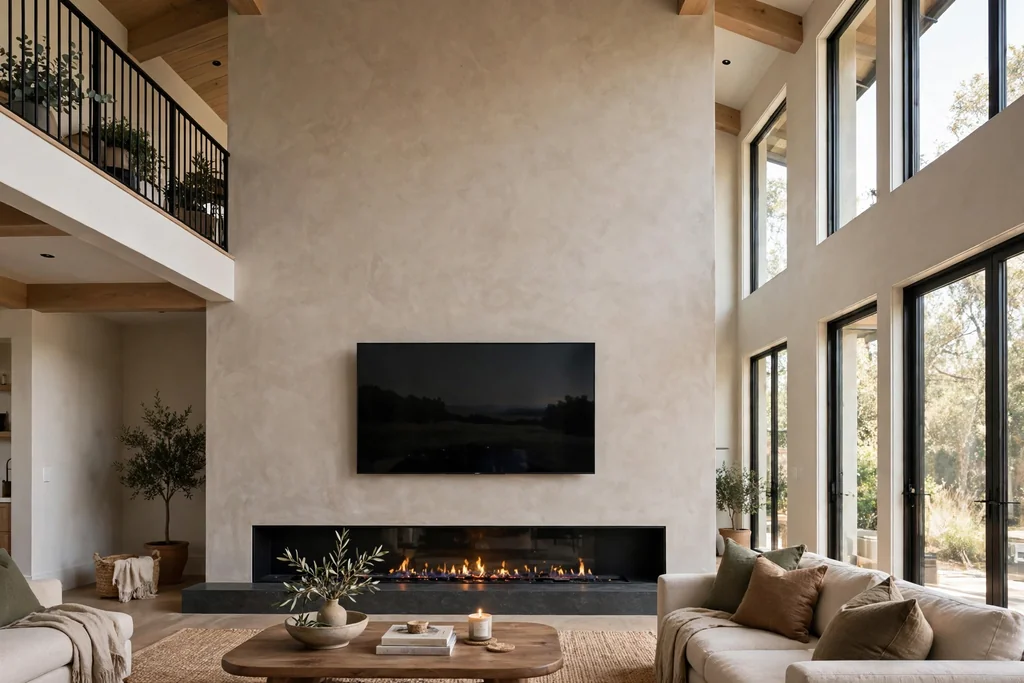 Tall double height living room wall with a linear fireplace and a TV above.