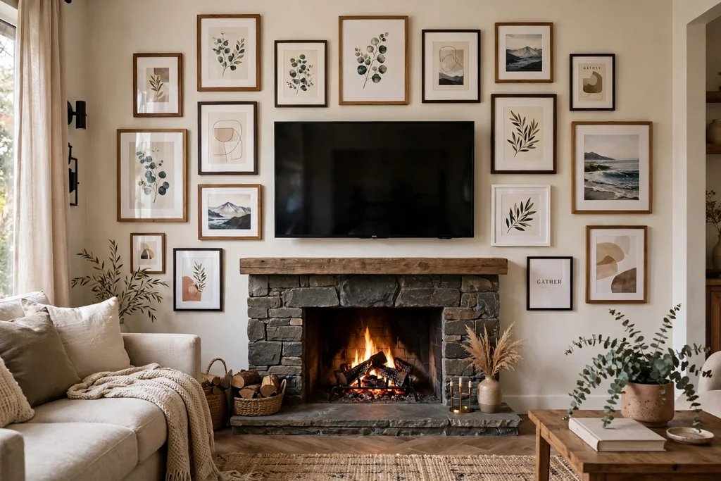 Gallery wall of framed prints arranged around a TV above a fireplace.