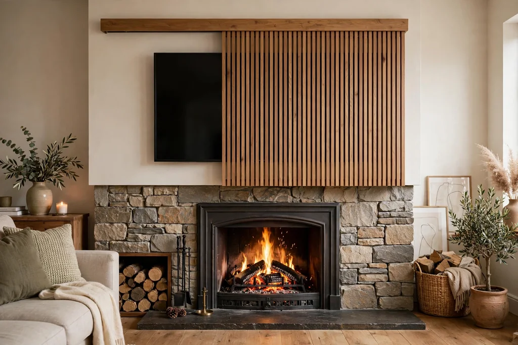 Sliding wall panel hiding a TV above a living room fireplace.
