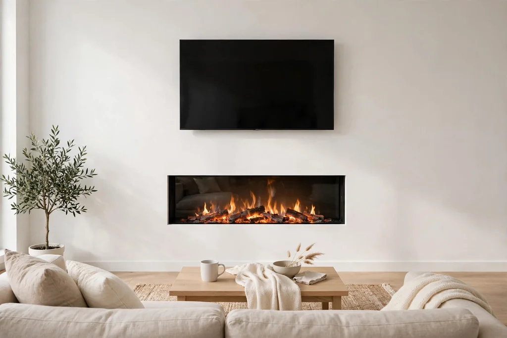 White minimalist fireplace wall with a frameless electric fire and a mounted TV.