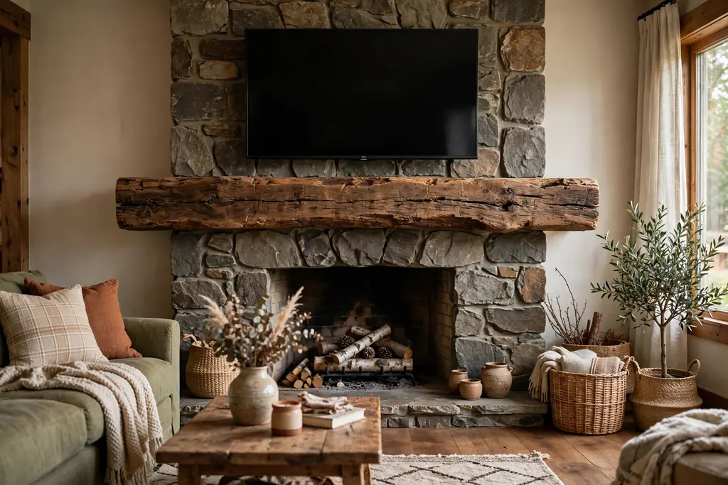 Thick rustic wood beam mantel with a TV mounted above a fireplace.