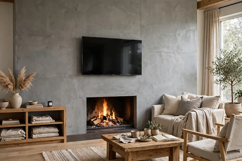 Smooth concrete fireplace wall with a TV mounted above the fire opening.