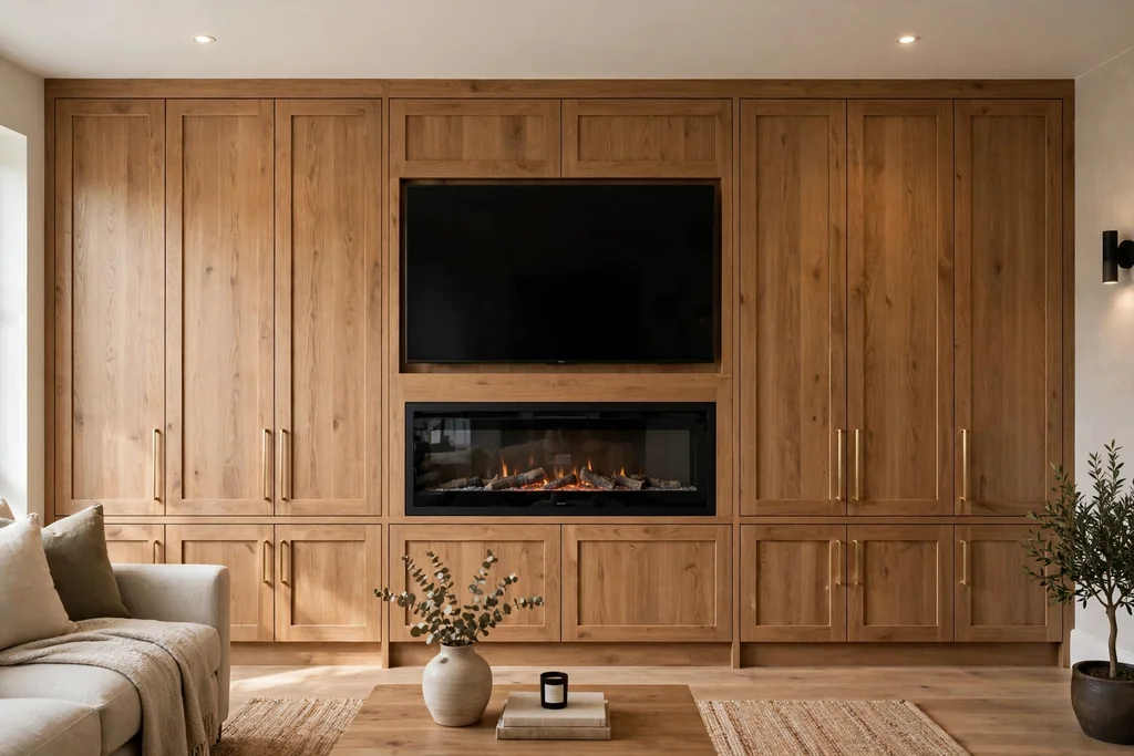 Fitted cabinetry wall with a TV and fireplace set into closed storage units.
