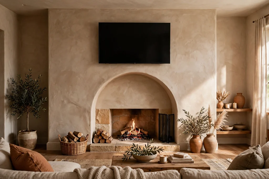 Arched niche fireplace wall with a TV mounted above the arch.