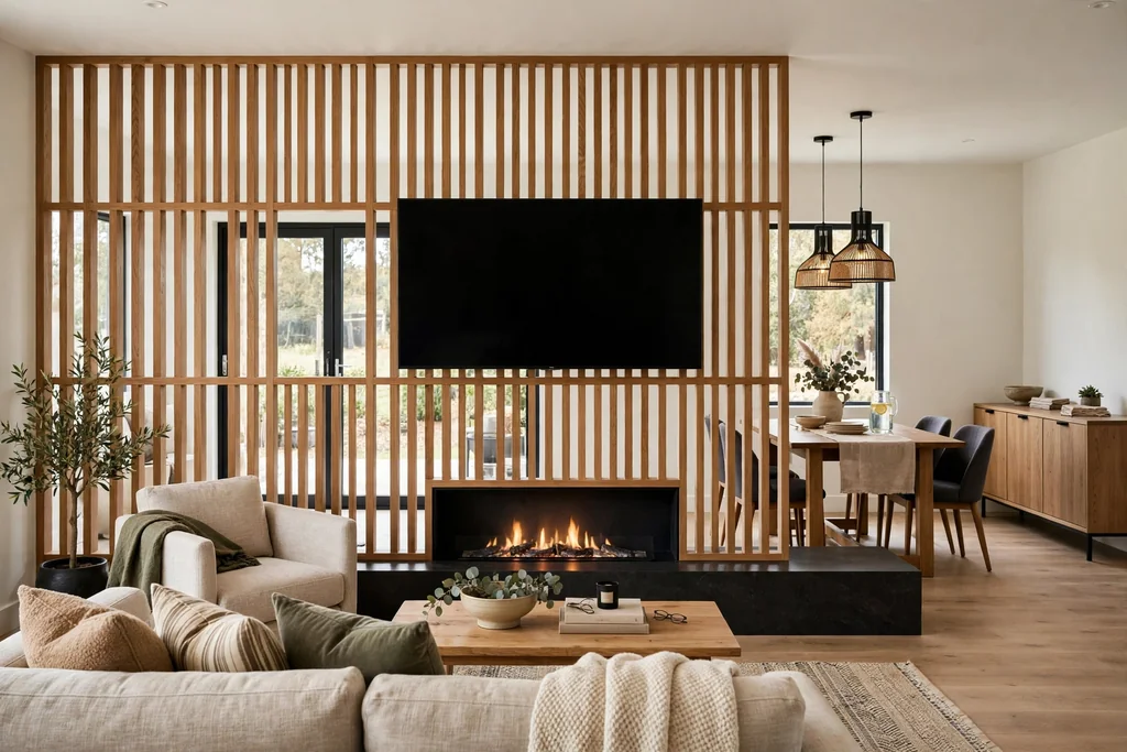 Open plan divider wall with a fireplace and TV facing a living room seating group.