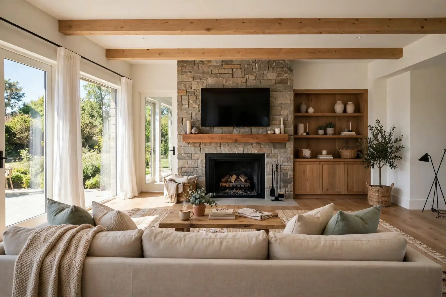 Wide living room with a fireplace wall and a TV mounted above the mantel, facing a sofa in daylight.