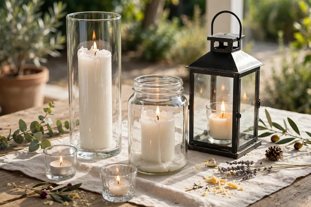 Glass candle holders and candles laid out on a table for choosing a safe holder.