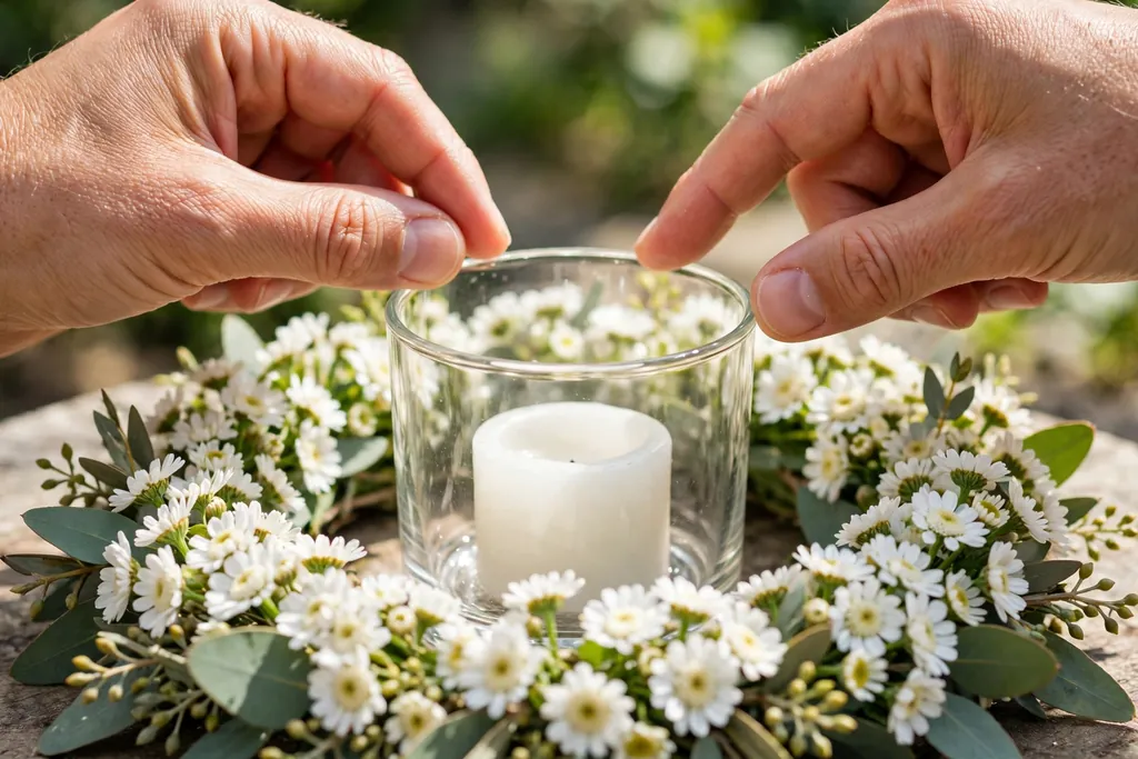 Hands checking flower clearance around a glass candle holder.