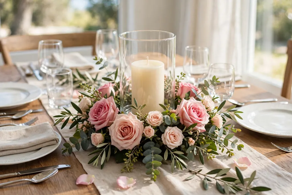 Finished floral candle holder styled in the center of a set dining table.