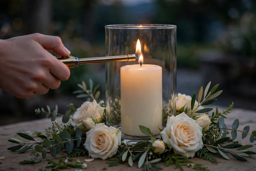 Hand lighting a candle inside a glass holder with flowers clear of the flame.