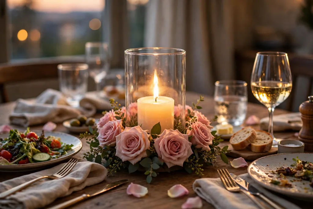 Lit floral candle holder on a dining table during a meal.