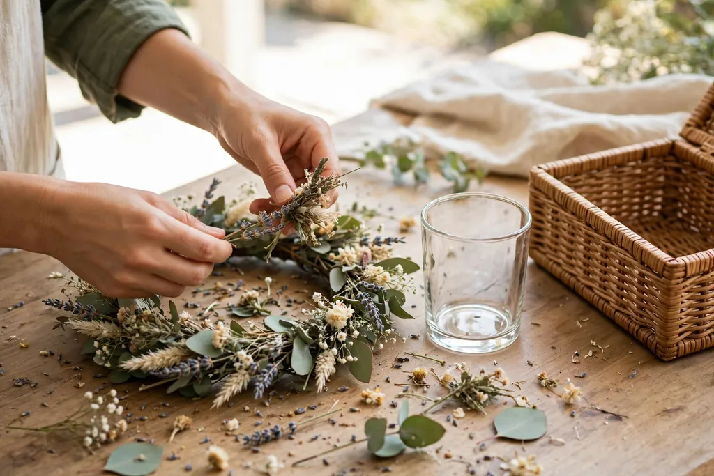 Hands taking a flower ring apart beside a clean glass candle holder.