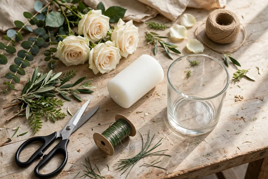 Materials for a floral candle holder laid out on a work table.