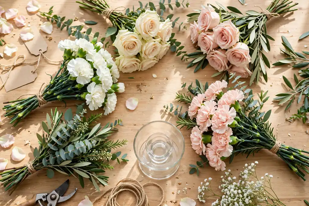 Bunches of cream, blush, and white flowers and greenery for a candle holder.
