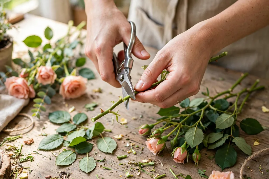 Hands trimming flower stems at an angle with scissors.