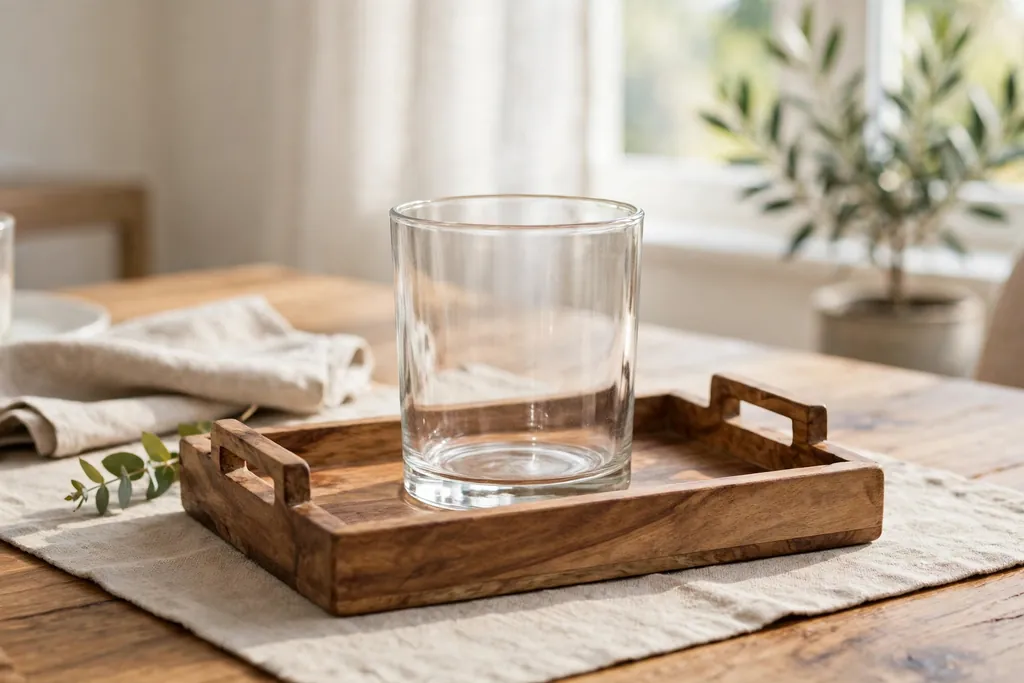 Clean glass candle holder set on a wood tray on a dining table.