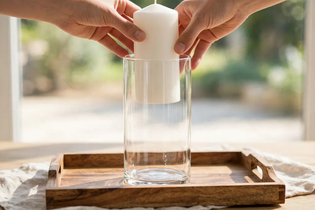 Hands placing a pillar candle inside a glass cylinder holder.