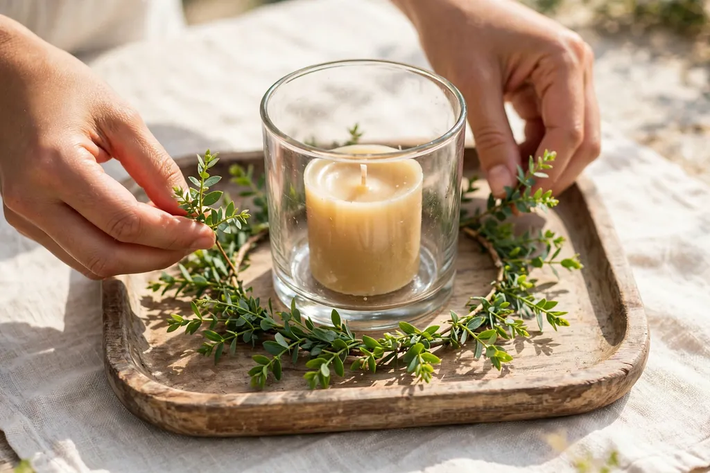 Hands laying greenery sprigs in a low ring around a candle holder base.
