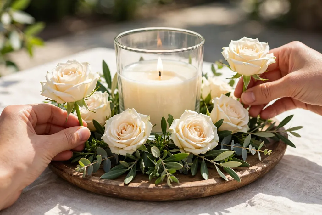 Hands placing cream roses around the base of a glass candle holder.